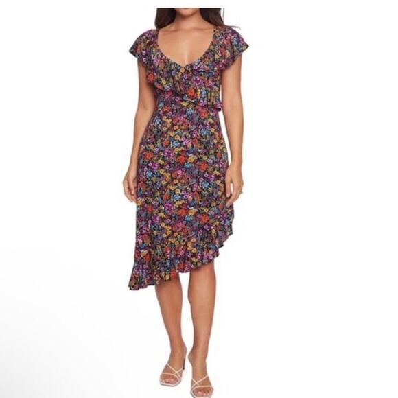 Lost + Wander Sleeveless Flora Garden Asymmetric Hem Ruffled Midi Dress XS - Picture 2 of 11